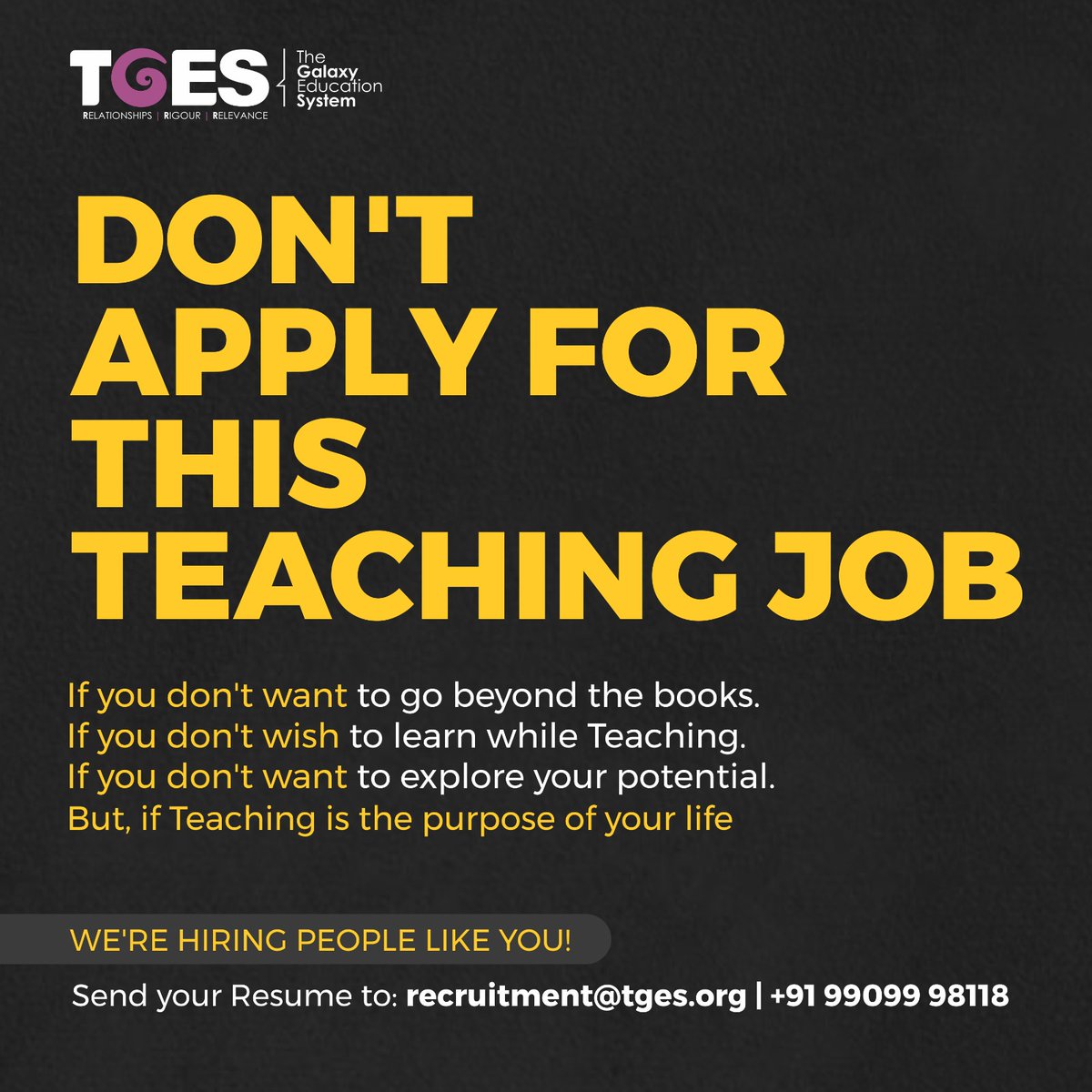 tges_org's tweet photo. Do you believe in the art of teaching beyond the four walls of the classroom? Do you wish to always keep learning, even as a teacher? We require people just like you for this job then! Apply today via the email address mentioned above! https://t.co/hnYpJq2RIA