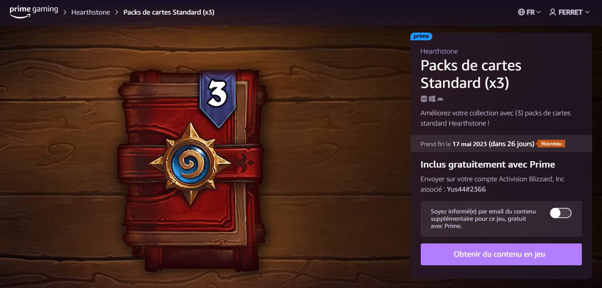 #Hearthstone #PrimeGaming = 3 packs offerts