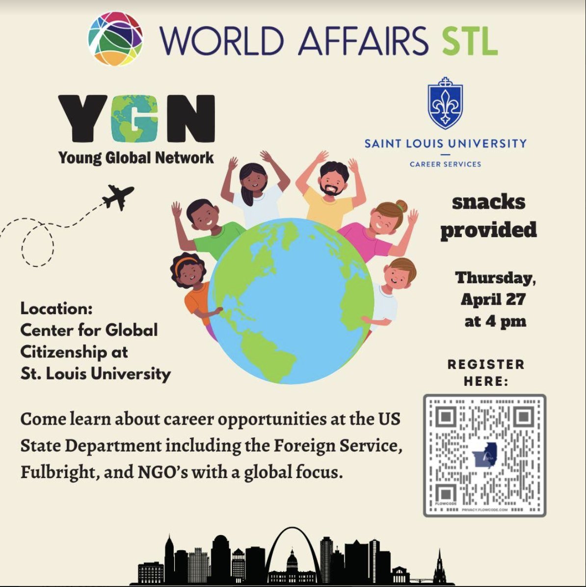 WorldAffairsSTL's tweet photo. Don't forget to register for the upcoming Young Global Network career event! Come join us and learn about career opportunities at the US @StateDept, including the Foreign Service, Fulbright, and NGOs! 
https://t.co/pqMsdY6bzU 

@slu_official @peacecorps #careeroppurtunities https://t.co/FcaDJoXGbP