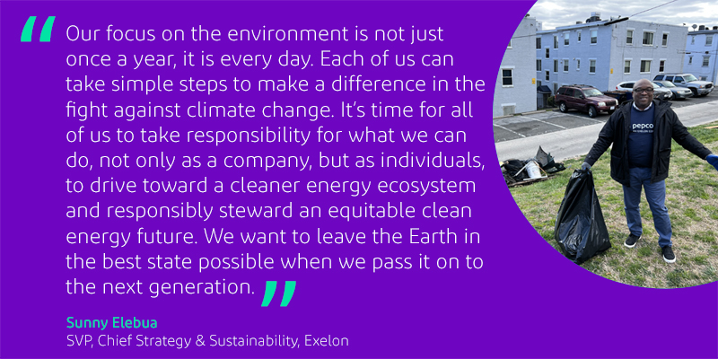 Exelon's tweet photo. At Exelon, our focus on the environment isn’t just during #EarthDay or #EarthWeek —  it is built in our purpose to power a cleaner &amp; brighter future for our customers and communities. More on this commitment from Sunny Elebua, SVP, Chief Strategy &amp; Sustainability Officer. https://t.co/75RPFt4Dpg
