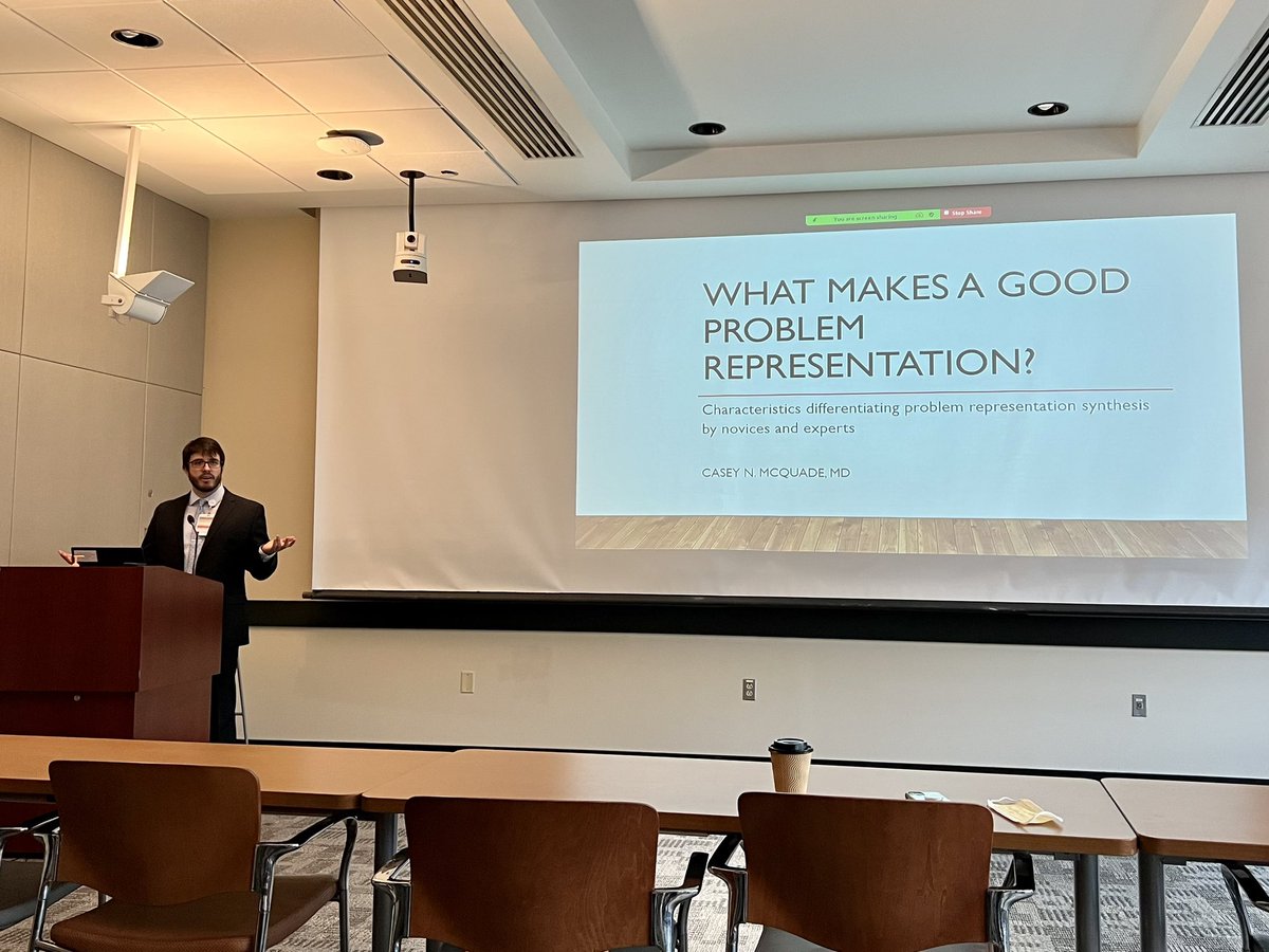 Outstanding masters thesis defense by @CaseyMcQuadeMD, showing us his findings that experts are more likely than novices to include temporal pattern of illness and physical exam elements and less likely to include a diagnosis in their summary statement. @PittGIM