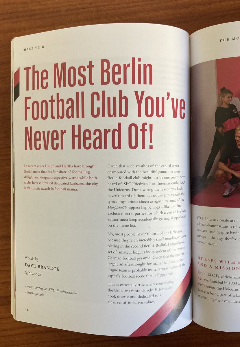 braneck's tweet image. The latest @halbvierUK has arrived and it’s a doozy, dedicated to football in Berlin.

I wrote about my favorite small club in the city, @SFCFInter. Besides great kits and a progressive ethos, the Unicorns are proof the heart of Berlin’s football scene is at the community level.