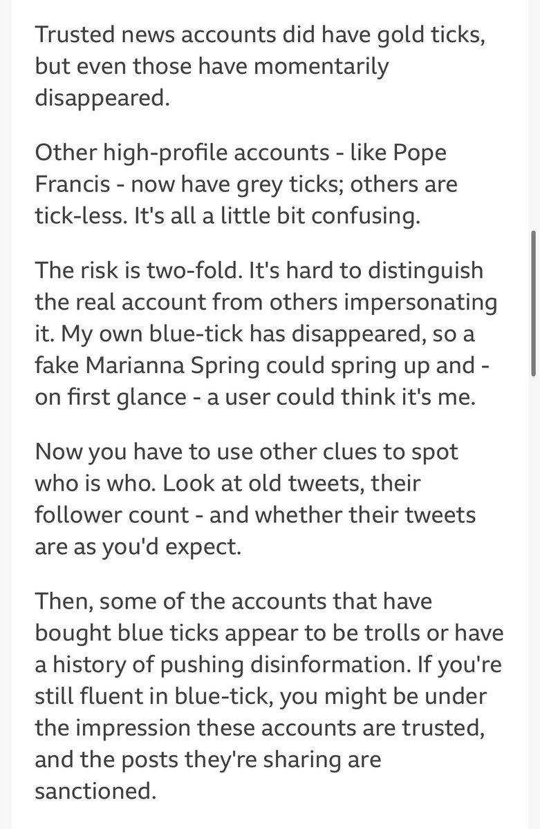 mariannaspring's tweet photo. Blue ticks have long been the language used to communicate whether an account is who they say. Now blue ticks are no more - unless you pay.
This is happening amidst what Twitter insiders describe to me as a culture of chaos, putting users at risk. https://t.co/EhfMapHayV https://t.co/dVVmWzzJuy