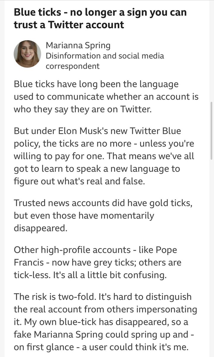 mariannaspring's tweet photo. Blue ticks have long been the language used to communicate whether an account is who they say. Now blue ticks are no more - unless you pay.
This is happening amidst what Twitter insiders describe to me as a culture of chaos, putting users at risk. https://t.co/EhfMapHayV https://t.co/dVVmWzzJuy