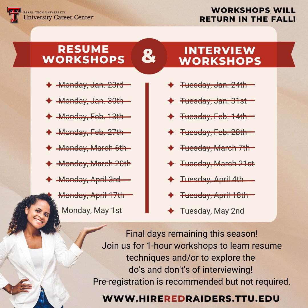 Do you need help with your Resume? Would you like to practice your Interview skills? Drop-in and learn useful techniques to help you display your best self! Only a couple dates remain this semester for our workshops ~ register today! #HireRedRaiders #TTU #TexasTech #WreckEm