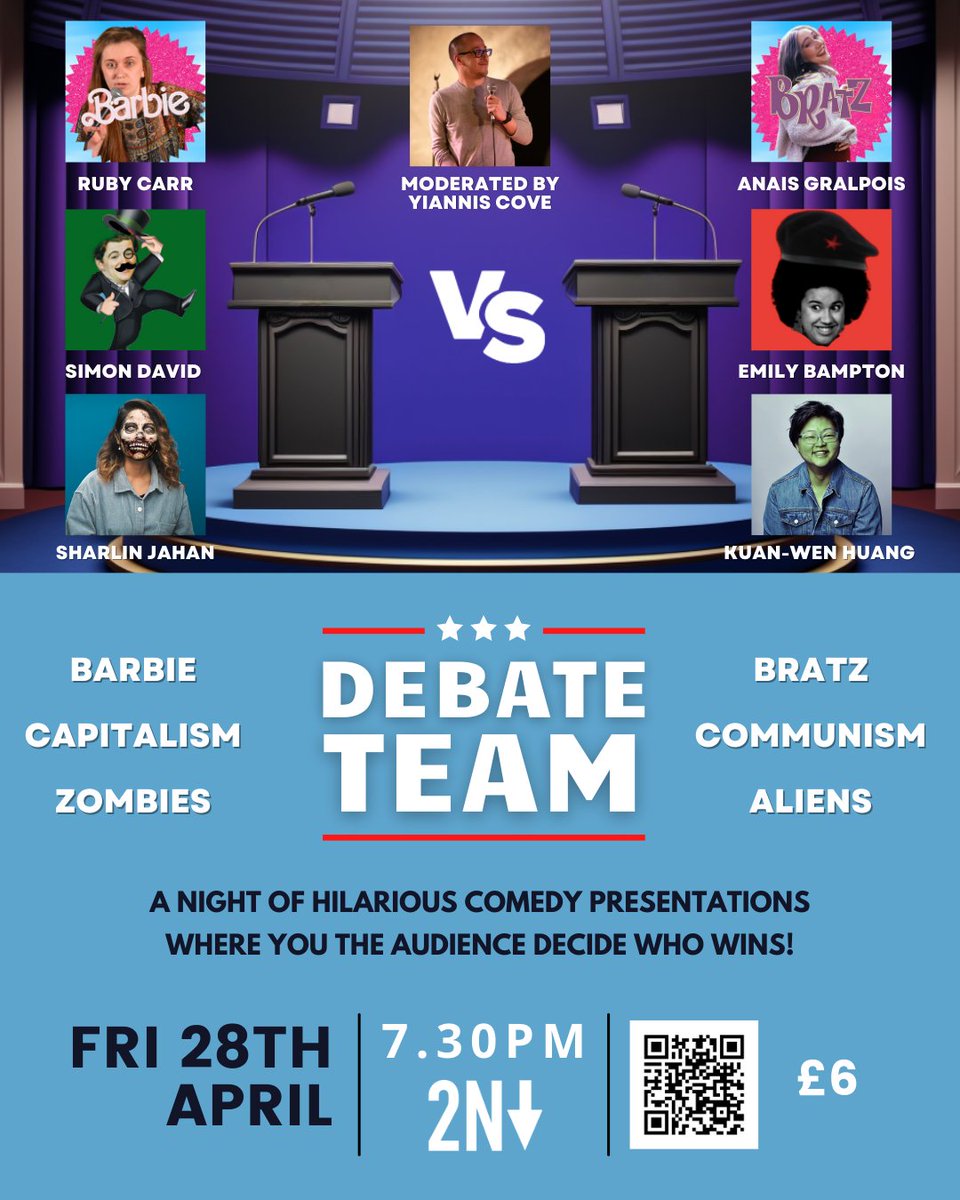 ycove's tweet photo. 📢 Debate Team is back on April 28th with this stunning lineup of comedians tackling the topics that need to be settled:

- Barbie vs Bratz
- Capitalism vs Communism
- Surviving Zombies vs Surviving Aliens

Grab your tickets for just £6

https://t.co/xnEu9KYsAc https://t.co/mYN1aHvtSH