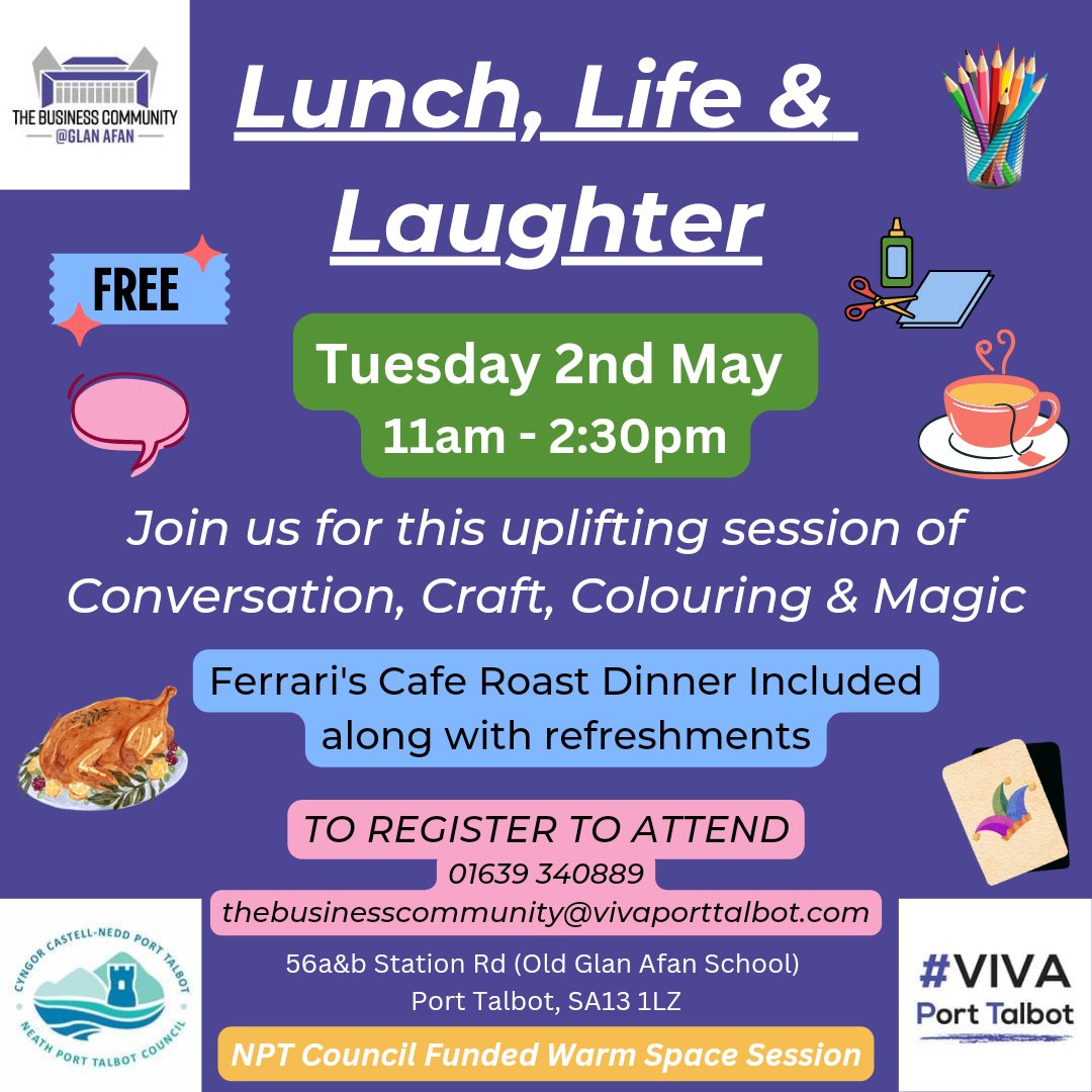 Lunch, Life &amp; Laughter - Join us for this uplifting session of conversation, craft, colouring &amp; magic with a roast dinner thrown in to make it just that little bit better!!
FREE to attend
11am 2nd May
#community #warmspace