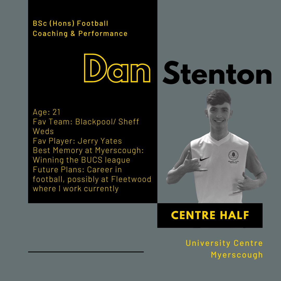 MyerscoughFooty's tweet photo. Graduating BSc (Hons) Football Coaching & Performance degree student and one of our BUCS defenders @stenton_daniel updates us with some fun facts and on his hopeful plans for the future with @ftfc #codhead @MyerscoughColl #graduate #career https://t.co/RHFP14aYsj