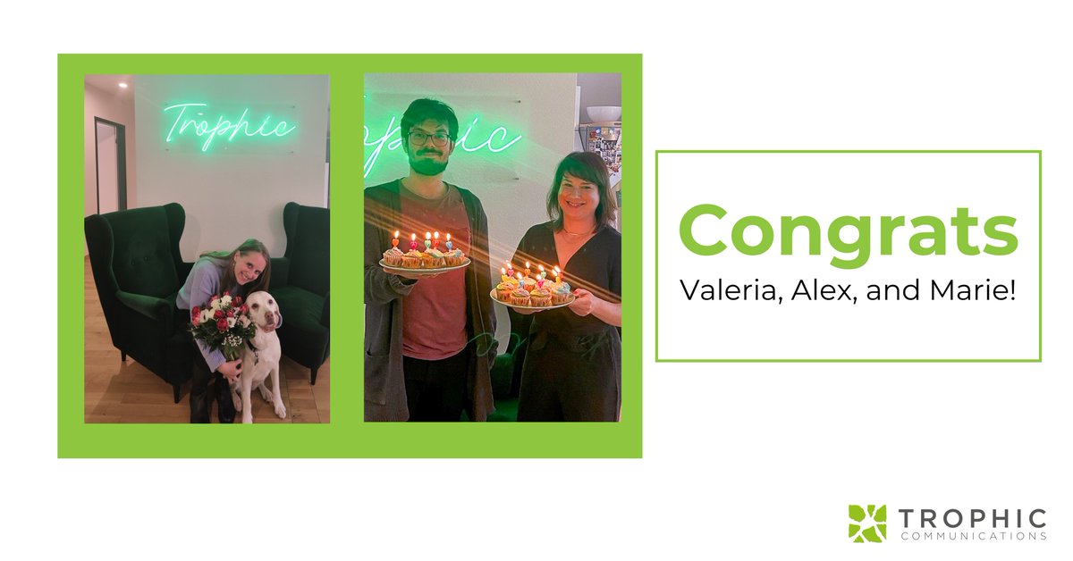 Trophic Communications (@trophiccomms) on Twitter photo There is a lot to celebrate at Trophic this week: The birthdays of our Senior Account Executive <a href="/WeickertMarie/">Marie-Theresa Weickert</a> and Account Executive <a href="/AlexanderSieb18/">Alex Siebert</a> as well as the 4-Year #Workiversary of Account Manager @vw_fisher. Thank you so much for being on our team and #cheers to you all! There is a lot to celebrate at Trophic this week: The birthdays of our Senior Account Executive <a href="/WeickertMarie/">Marie-Theresa Weickert</a> and Account Executive <a href="/AlexanderSieb18/">Alex Siebert</a> as well as the 4-Year #Workiversary of Account Manager @vw_fisher. Thank you so much for being on our team and #cheers to you all!