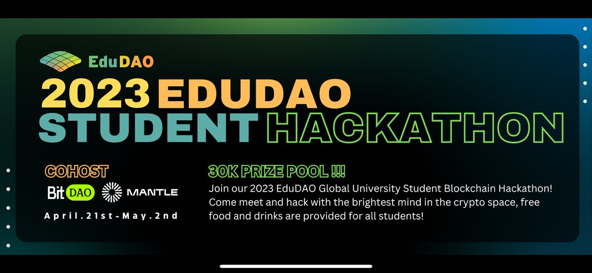 Edu_DAO's tweet photo. 🫶 Happy Friday! Time to hack!

📢 Attention - calling all students! EduDAO Hackathon $30k+ in prizes. A hackathon to help highlight your student members’ skills &amp; make sure they shine!

💻 IRL &amp; remote.

@BitDAO_Official @0xMantle https://t.co/t7bCnI88wm