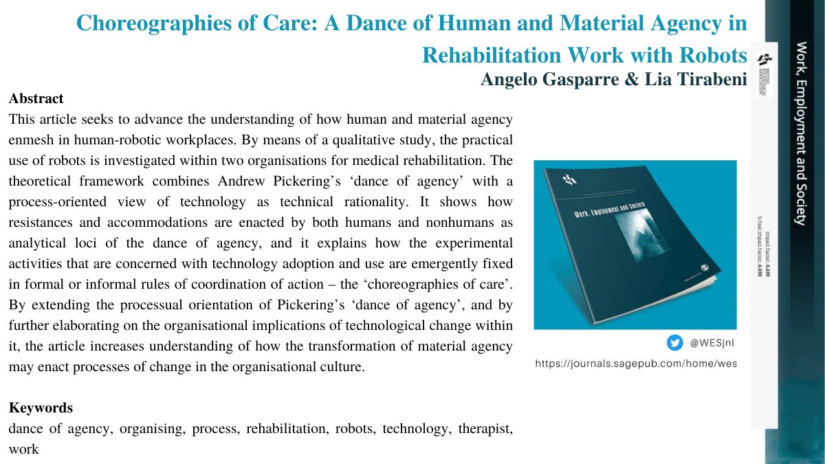 WESjnl's tweet photo. "Choreographies of Care: A Dance of Human and Material Agency in Rehabilitation Work with Robots"

@angelogasparre &amp; @LTirabeni explore how therapists use robotic technologies to perform their work. 

Interested? Read at the link! ⬇️
https://t.co/W7gEtgorD7 https://t.co/2nZN5tILlS