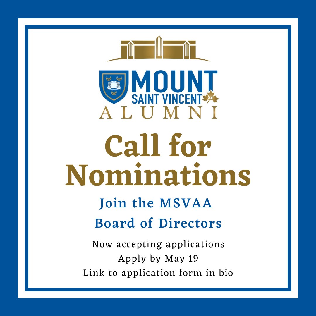 MSVU_Alumni's tweet photo. The MSVU Alumni Association is seeking nominations for new Board members. If you are passionate about giving back and making a positive impact on our community, we encourage you to nominate yourself. Join us in shaping the future of our alumni network. #BoardNominations #MSVAA https://t.co/mCWAtR8DNG