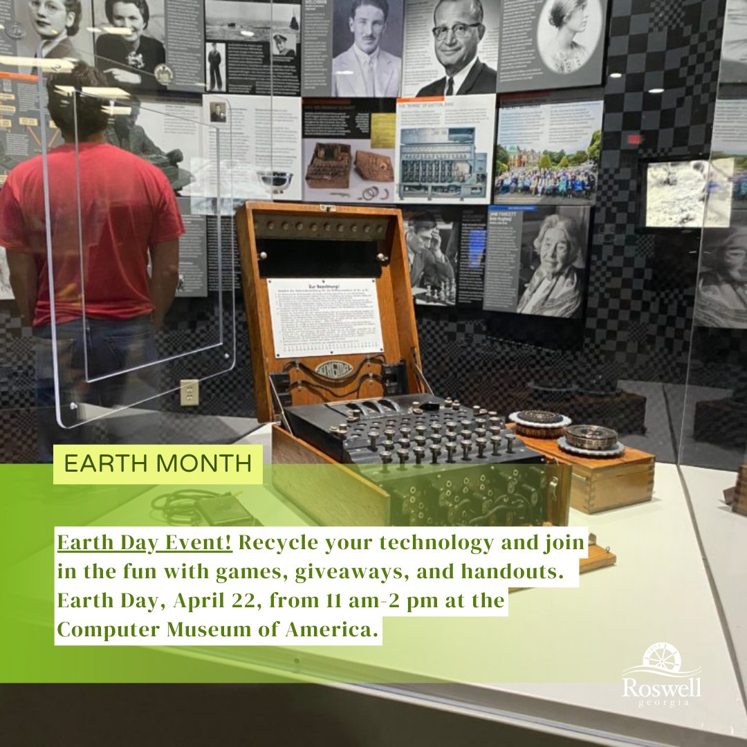 CityofRoswellGA's tweet photo. Lots to do at the Computer Museum of America (CMoA) for Earth Day! Join in activities and Tech Recycling, April 22, 11 a.m. - 2 p.m. For info: https://t.co/qBxMdkmDDT

#cityofroswell #earthday #earthdayevents #computermuseumofamerica #roswellearthdayevents #roswellevents https://t.co/mEzRdYuVqQ