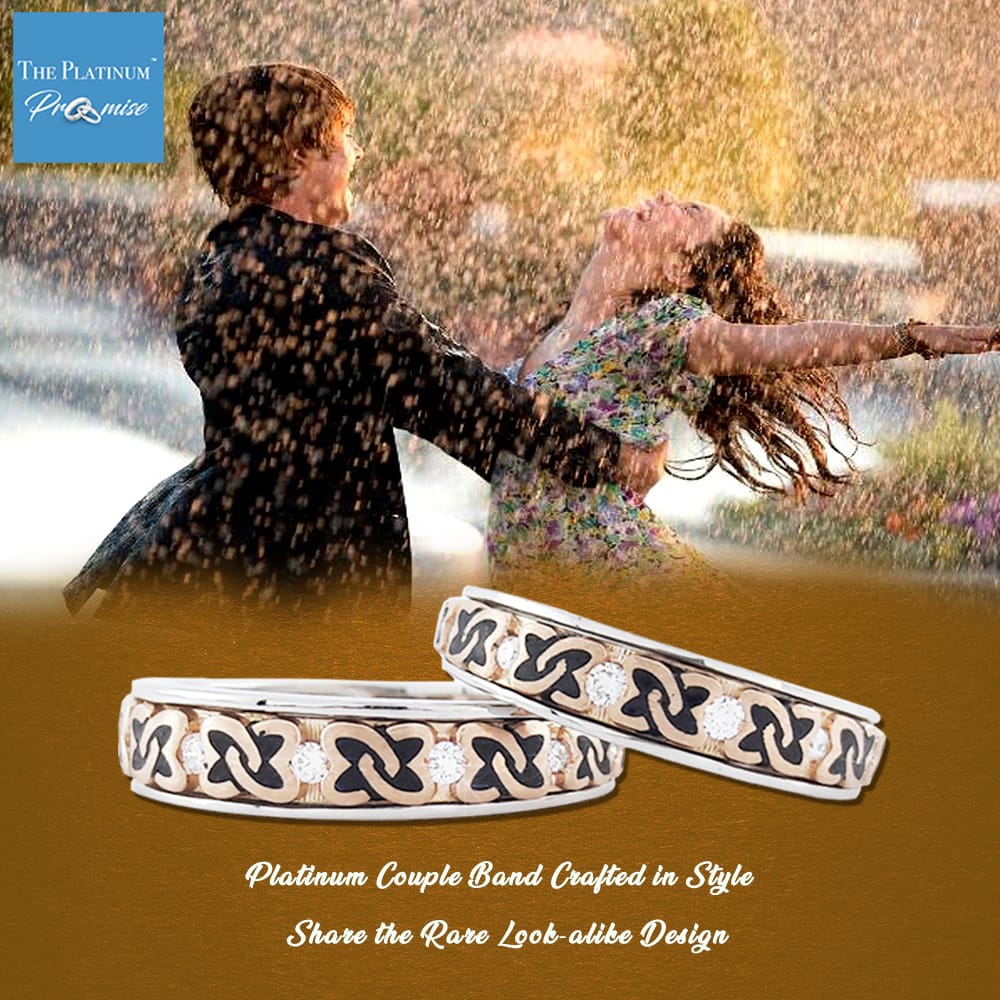 Exchange your #wedding #vows with Platinum 
#Platinum & #rosegold fusion couple rings, studded with #Diamonds inlayed with intricate black enamel. 
#ThePlatinumPromise #PromiseRings #CoupleRings #CoupleGoals #couplekissing #couplejewelry #lovebands #love 
ssplatinum.com