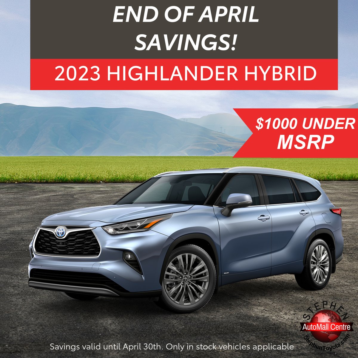 StephenToyotaCT's tweet photo. Stop in to Stephen Toyota now up to April 30th for this month's savings event! Swing by or visit us on our website to learn more!
-
Only current in stock 2023 Toyota Highlander Hybrids and Tacomas applicable https://t.co/SBSGskQxYg