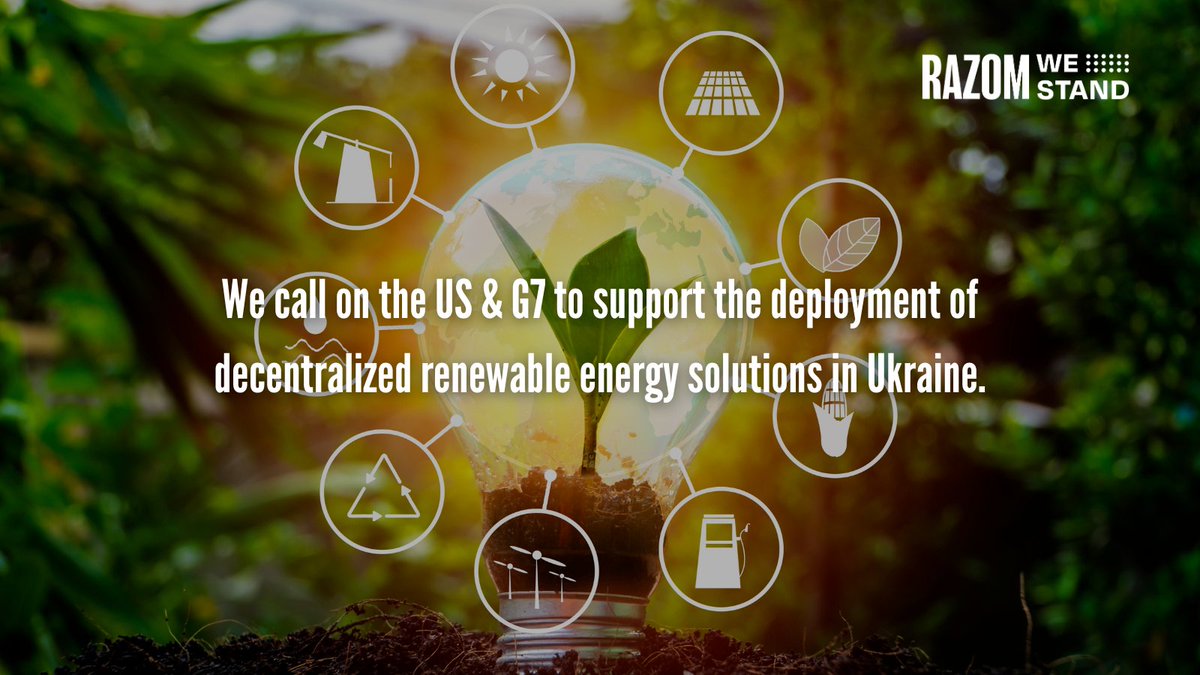 RazomWeStand's tweet photo. We join the global #EarthDay2023🌱call to #InvestInOurPlanet &amp; urge the #US &amp; #G7 to support the deployment of decentralized #Renewables for Ukrainian cities. To fight the #ClimateCrisis &amp; #FossilFuel dictators we must act now! 📢Share a photo using hashtag #RebuildUkraineGreen. https://t.co/mwE5ynG7aw