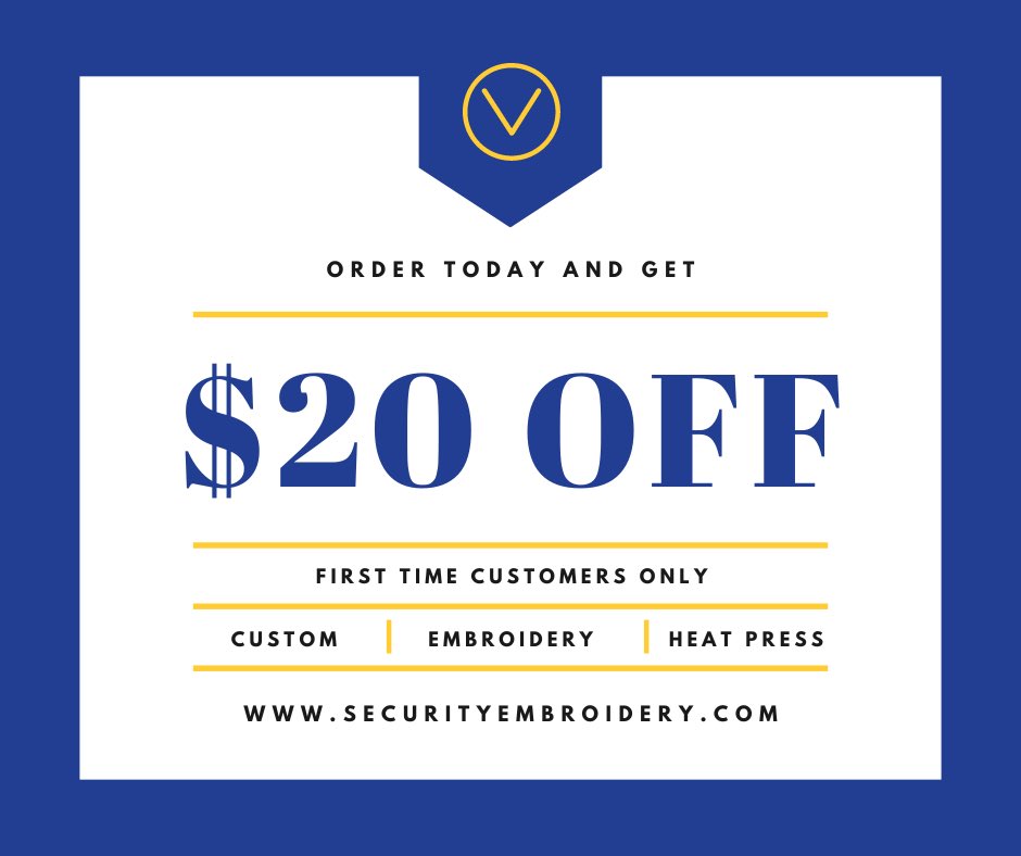 securembroidery's tweet photo. Did you know that first time customers can get $20 off their first purchase with us. Use code NEWCOMER. 
Don't wait to get your custom embroidery! Visit our website https://t.co/Ee72tnGI57. You can email us at
support@securityembroidery.com or call us at (833) 842-6699.
#TGIF https://t.co/s0iYke9F29