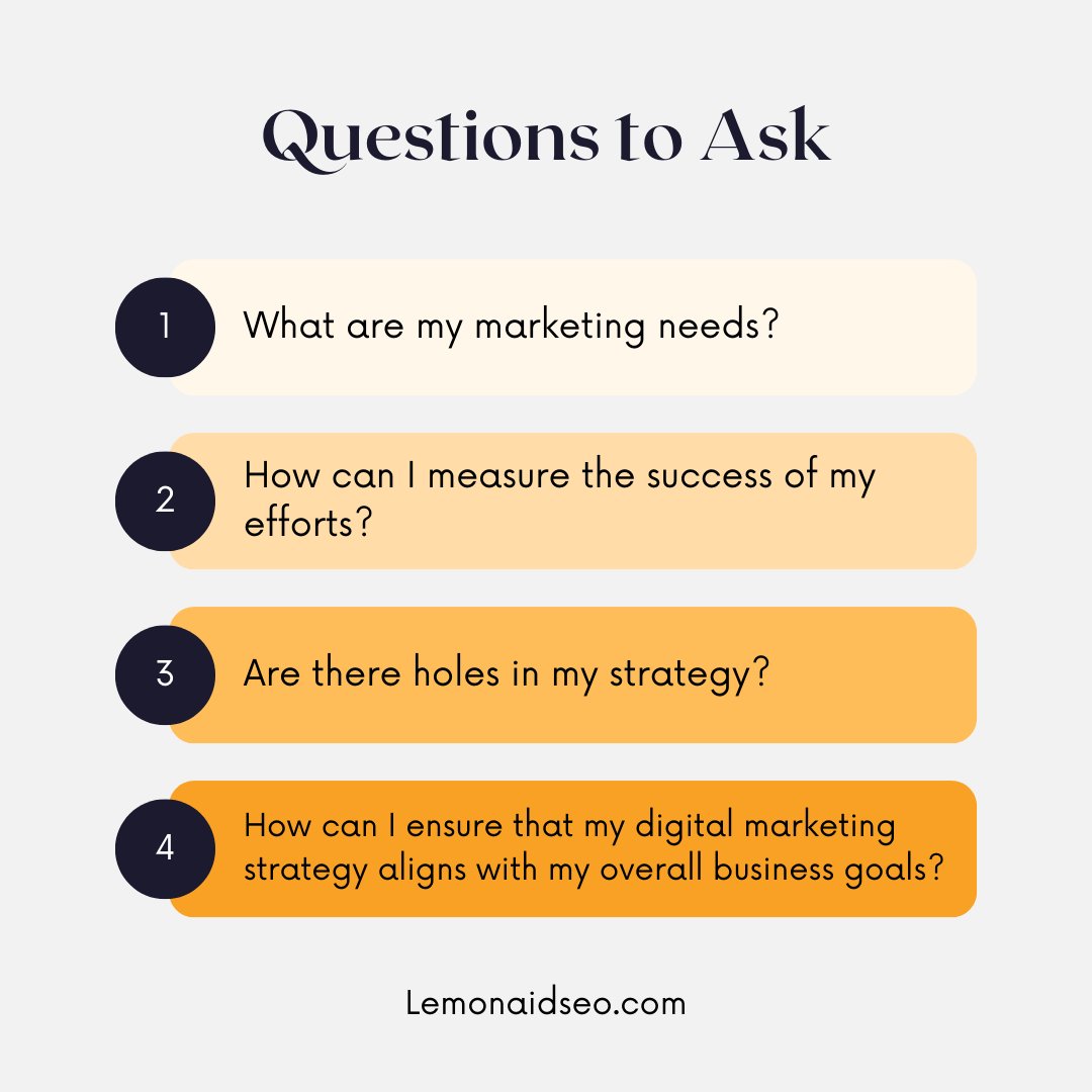 Asking the right questions can save you time, money, and frustration. Here are our top questions to consider when working on your digital marketing plan.

#DigitalMarketing #MarketingStrategy #CampaignPlanning #MarketingQuestions #MarketingTips #BusinessStrategy #Digitial