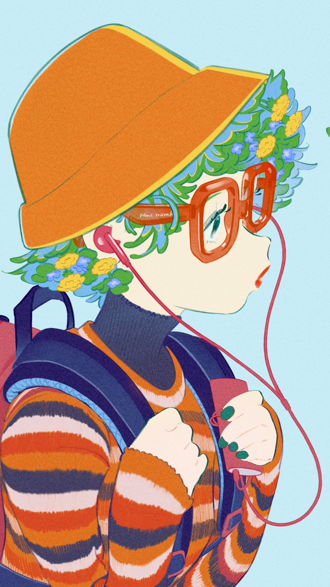 solo 1girl glasses backpack green hair hat shirt  illustration images