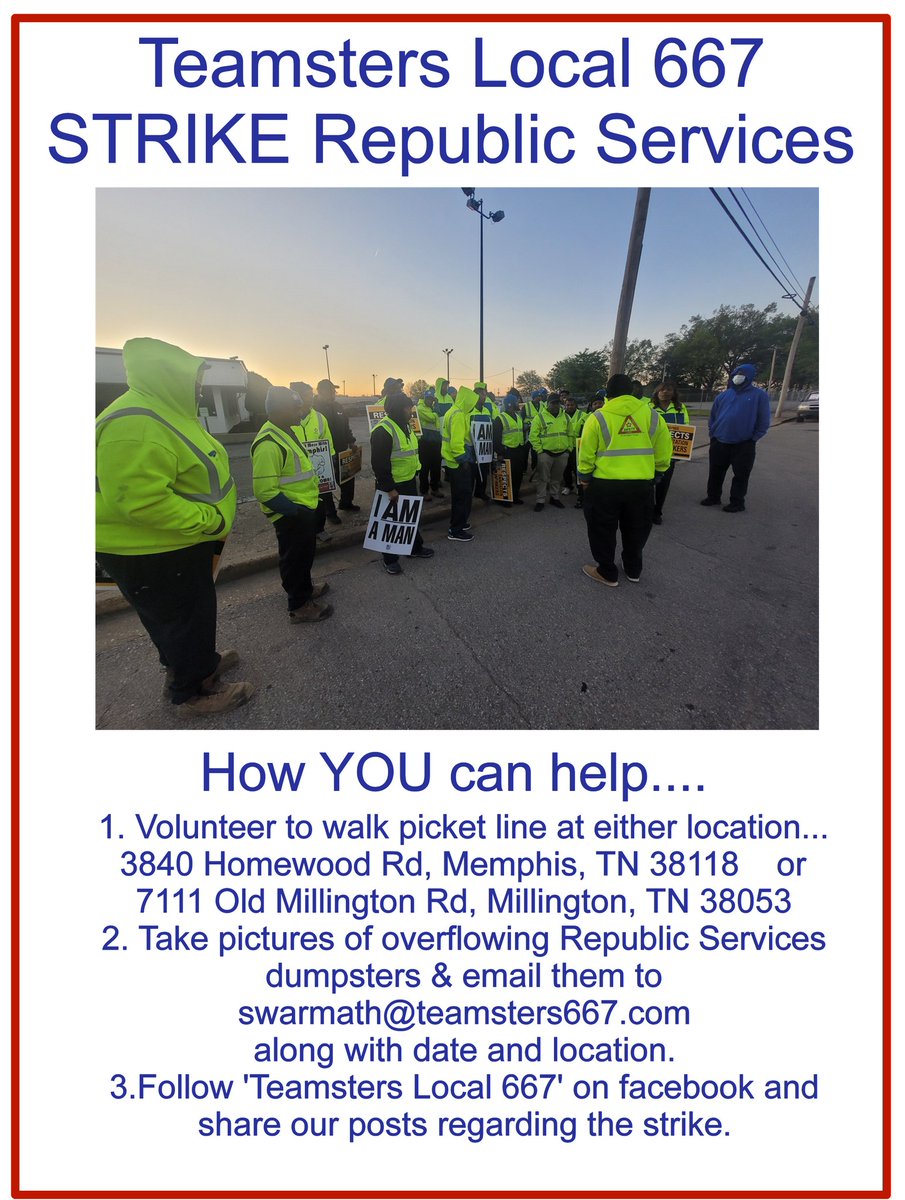 MNEA_'s tweet photo. MNEA stands in solidarity with @667Teamsters sanitation workers on strike in Memphis, after their coworker was killed at the Shelby County Landfill. See below for how you can help them win their fight for safety and justice! #SafetyOverProfit https://t.co/z7IsRB0udS
