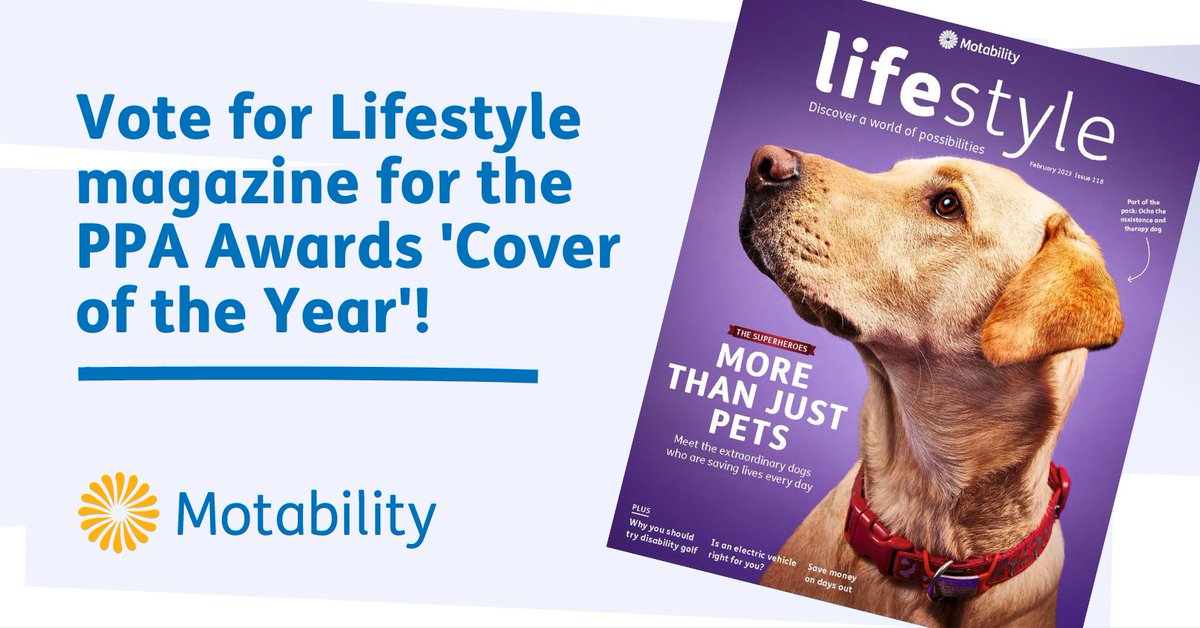 MotabilityOps's tweet photo. Have you heard the news? The beautiful cover from @Motability's latest Lifestyle magazine, starring Ocho the Dog 🦮, has been shortlisted for ‘Cover of the Year’ in the #PPAAwards!

Cast your vote and help Ocho to win by visiting: https://t.co/KNCKvEBRRU. 

Thank you 💛 https://t.co/iNLC2NYXax
