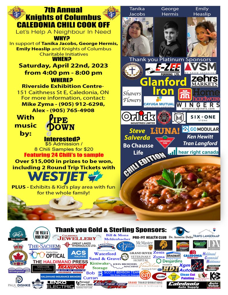 24 Hours to Go!

Looking forward to seeing everyone at the Riverside Exhibition Centre for the 7th Annual Caledonia Community Chili Cook Off.
#letshelpaneighbour #knightsinaction #community #chili #cookoff