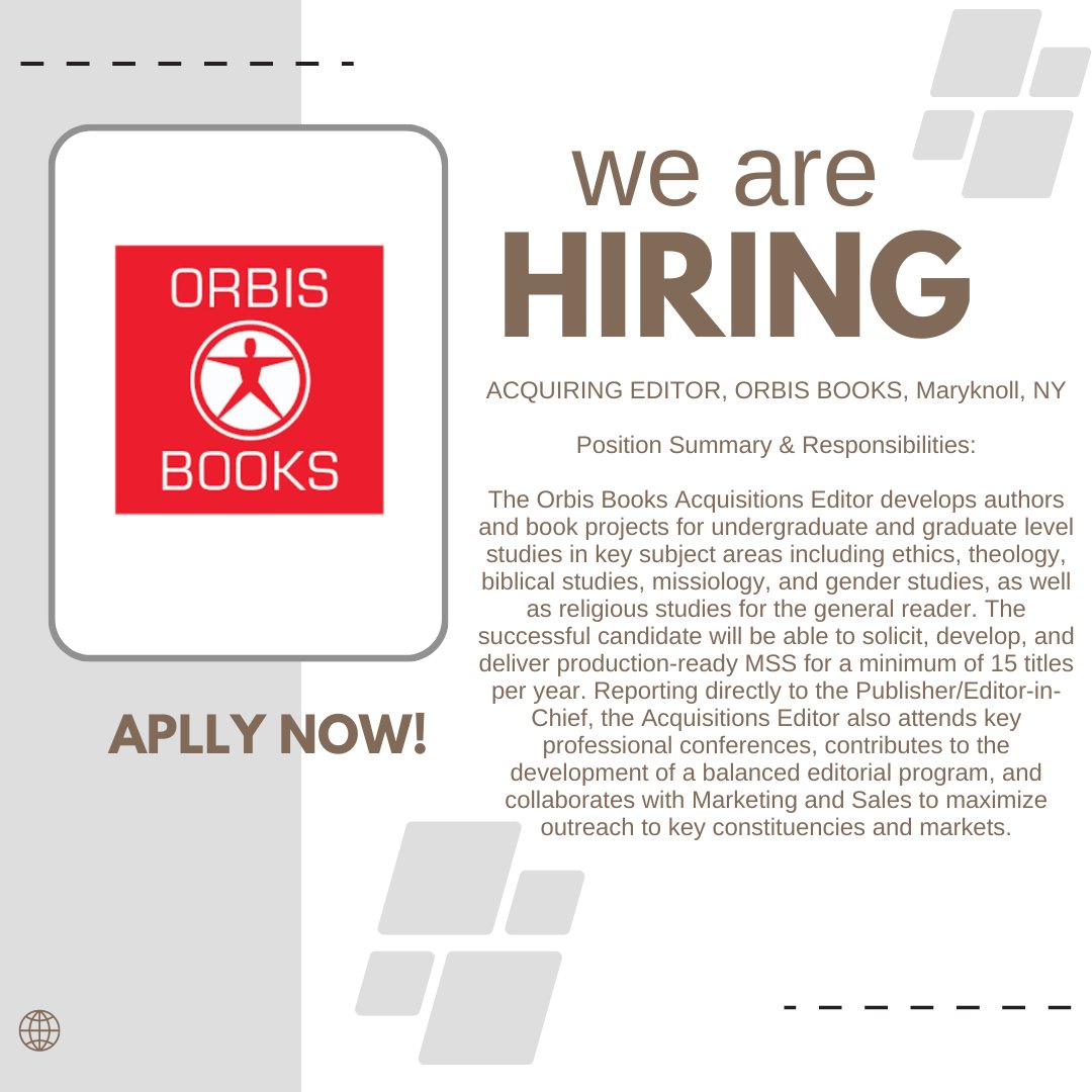 OrbisBooks's tweet photo. Help Wanted - Acquiring Editor, Orbis Books, Maryknoll, NY

To find out more please visit:

https://t.co/5zUfZ1IbA2

#helpwanted #editors #nowhiring #publishing #bookindustry #lovebooks #books #editorsofinstagram #hiring #hr #jobsearch #recruitment #nowhiring #recruiting #jobs https://t.co/5hfX8G2wz8