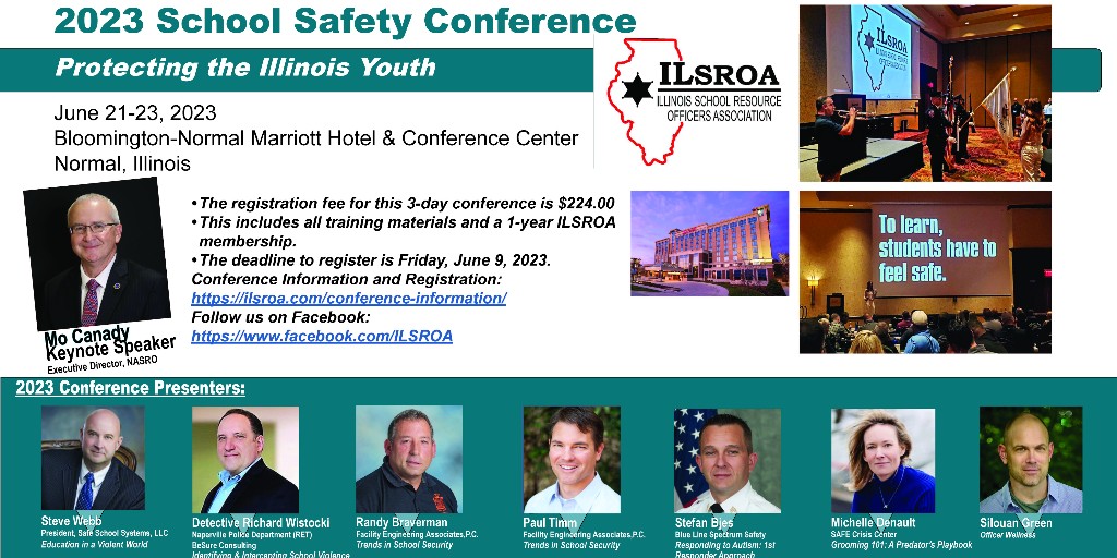 Illinois SROs, you've got a great training opportunity this summer! You may even recognize a familiar face, as NASRO's Executive Director Mo Canady will be a keynote presenter! 

You can find more information about ILSROA's conference and register here: ilsroa.com/conference-inf…