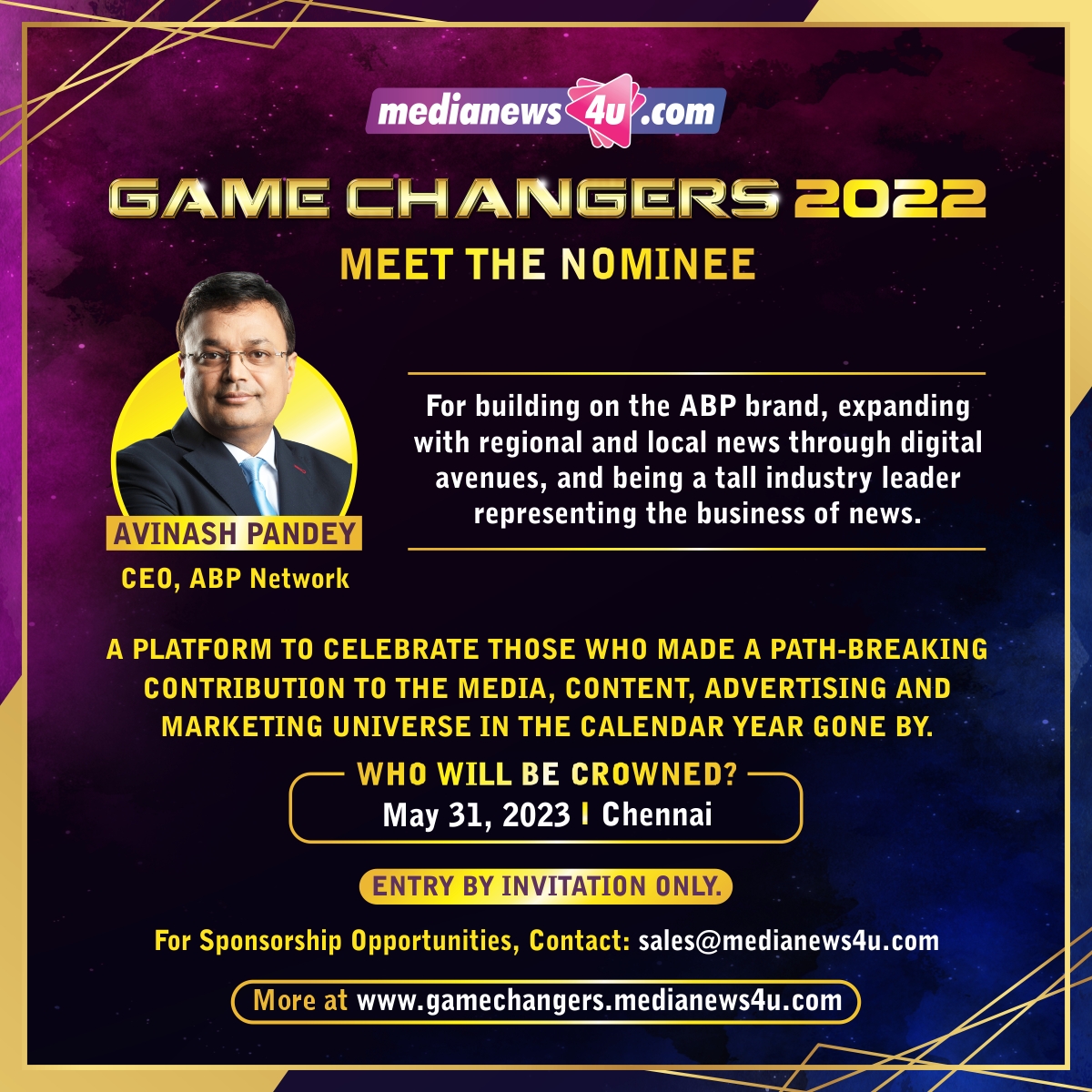 #GameChangers2022: Meet the nominee - @panavi, ABP Network.
Link to Register: bit.ly/3KWcYvk
@abplive @ABPNews @abpmajhatv @abpanandatv @abpasmitatv #AvinashPandey #ABPNetwork
@Umanathv @thenemoh @Smitha_Coolbird