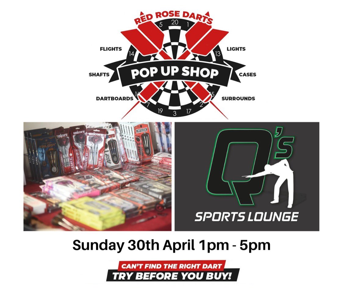 the_BPL_bible's tweet photo. Our pal Steve at Red Rose Darts:-
Sunday 30th April (1 - 5pm) we'll be taking our unique "try before you buy" darts pop-up shop to the amazing Q's Sports Lounge in Blackpool. 
We'll have a huge range of darts to try in different weights. All leading brands
 big range of extras https://t.co/eD3Jvczyfi