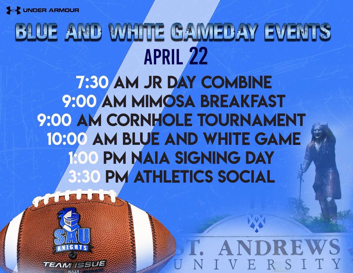StAndrewsFB's tweet photo. Q: Where will you be tomorrow morning?  

A: Laurinburg NC,  @SAUKnights @StAndrewsUniv 

Why: Spring ball, Jr Combine &amp; Alumni Weekend!!!

#knightscreed https://t.co/m83lb4u0DR
