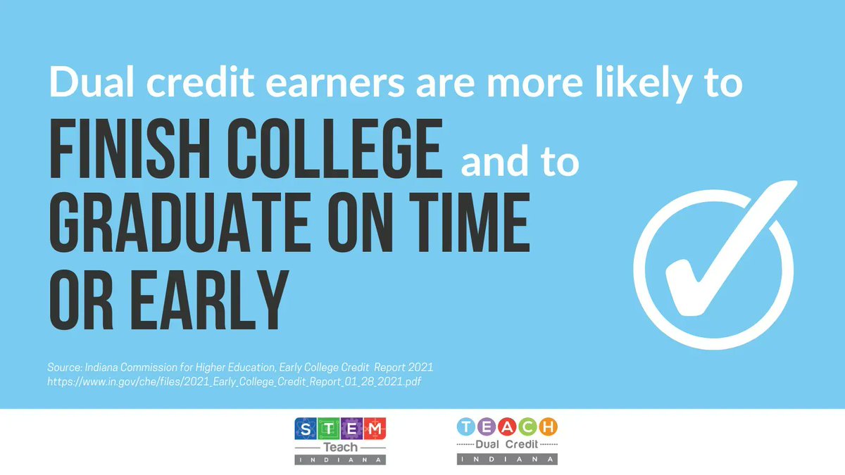 CELLuindy's tweet photo. #WhyDualCredit? Earning dual credit in high school is linked to college success and completion. Dual credit earners are more likely to finish college and to graduate on time or early!
#STEMTeachIN #TeachDualCreditIN
@HigherEdIN @INvestEdIndiana @ICIndiana https://t.co/wkNwwGbQpL