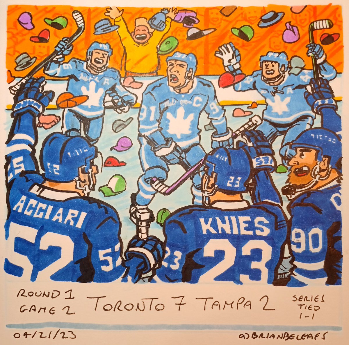 BrianBeLeafs's tweet photo. Round 1, Game 2. Toronto 7 Tampa 2. Series 1-1 #TorontoMapleLeafs #LeafsForever #LeafsNation #GoLeafsGo #JohnTavares #MitchMarner #MorganRielly #NoelAcciari #MatthewKnies #RyanOReilly #YellowSweaterguy https://t.co/krr6WWhN0V