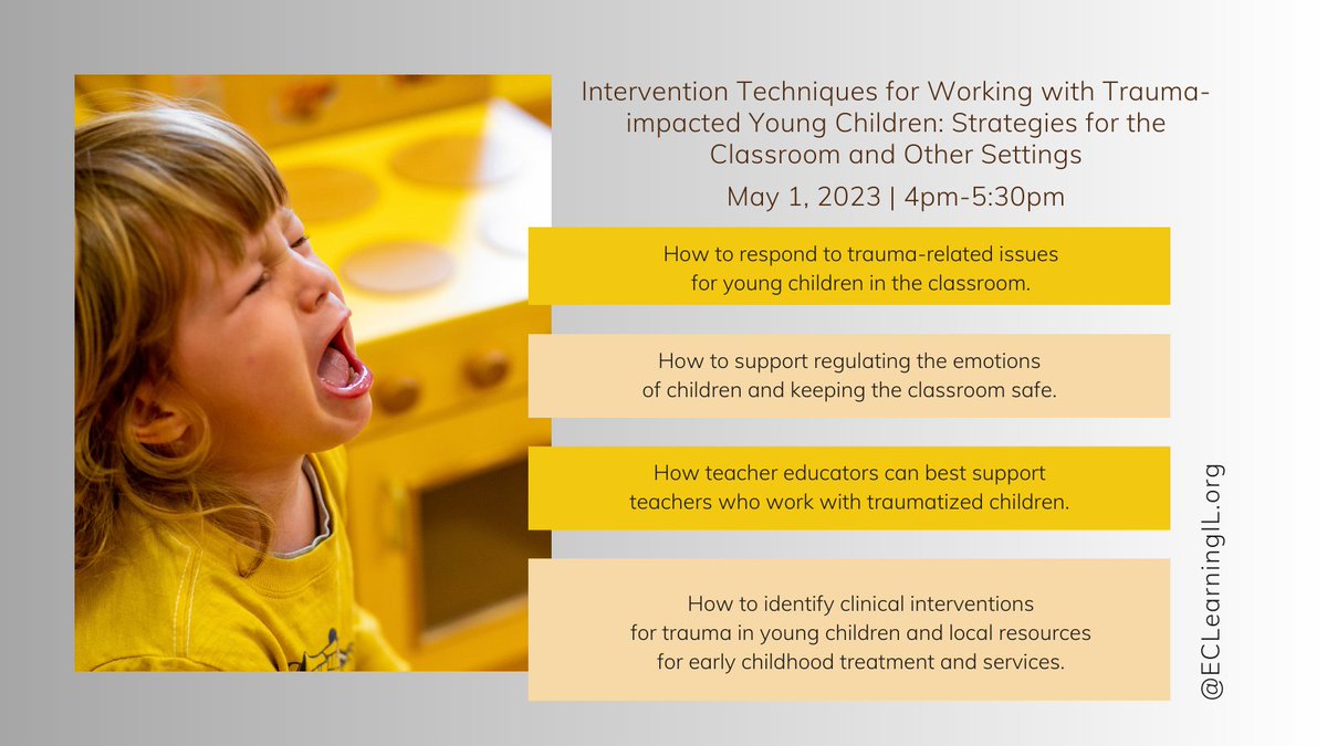 Registration will close next Friday at noon.
Register at: cvent.me/aL4kwP
Intervention Techniques for Working with Trauma- impacted Young Children: Strategies for the Classroom and Other Settings | May 1, 2023 | 4pm-5:30pm CST
#earlychildhood #earlyyears #trauma