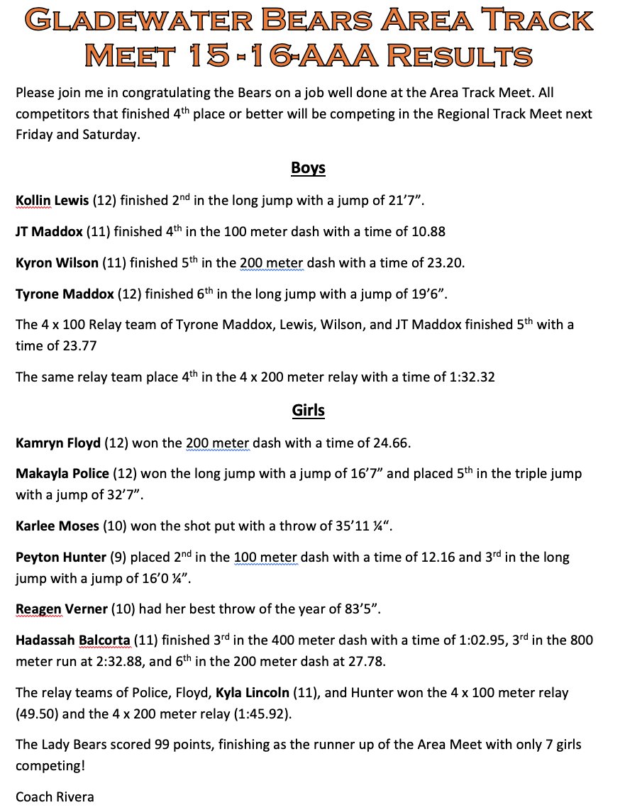On to Regionals!!

GHS's Track &amp; Field Team represented us well at Wednesday's Area Meet.  Congratulations to our Athletes and Coaches!

GO BEARS!!!