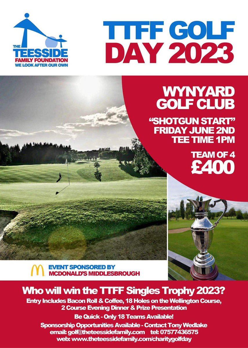 TeessideFamily's tweet photo. TTFF Golf Day 2023 ⛳️ 

Get those clubs swinging as you tee off for a cause. 

🗓️ Friday, June 2nd 
⛳️ Wynyard Golf Club
🏌️‍♂️ Shotgun start

Arrival time: 11am
- Breakfast rolls and coffee
Tee-off time: 1pm

#WeLookAfterOurOwn #TTFF #Golf #MiddlesbroughGC #fundraising https://t.co/FWnd5FSsFJ