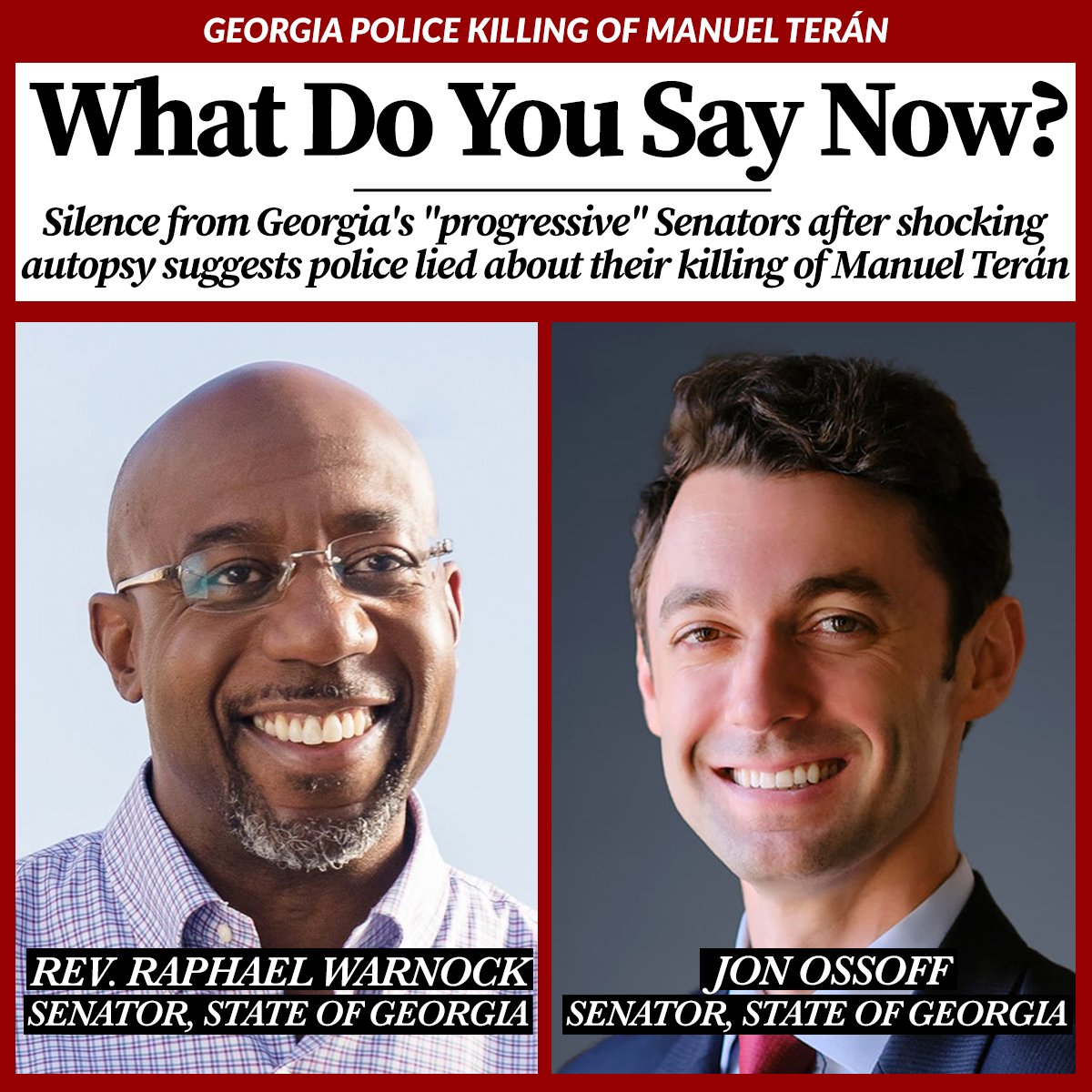 New autopsy shows Georgia police pumped 57 bullet holes into climate activist Manuel Terán while they were sitting in a forest with arms raised. The state's two "progressive" Senators remain silent. 

Lack of courage and a failure of leadership. 
<a href="/ossoff/">Jon Ossoff</a> <a href="/SenatorWarnock/">Senator Reverend Raphael Warnock</a>