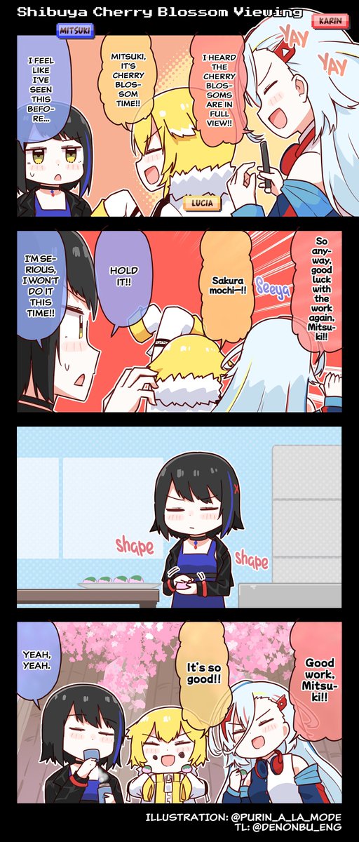 denonbu_eng's tweet photo. 4koma: "Shibuya Cherry Blossom Viewing" ft. Shibuya area  

#denonbu #電音部 https://t.co/dStcQFayB1