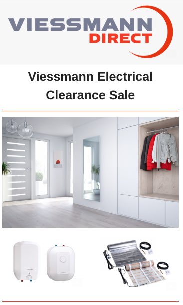 Welcome to our Clearance Sale! 

Looking for a new Water Heater, Wall Convertor &amp; Underfloor System?

The Viessmann clearance sale has a large selection of Electrical Heating Products at low, low prices.

Just click on the below link. 👇

viessmanndirect.co.uk/Catalogue/Vies…