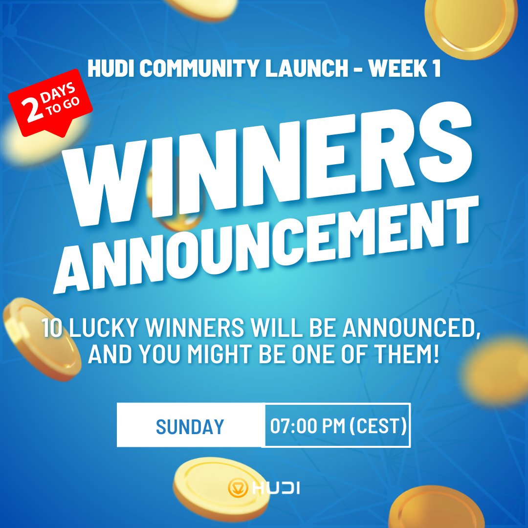 humandataincome's tweet photo. 📣 Only 2 days left until we announce the first week's winners of the HUDI Community Launch!

🌟 10 lucky winners will be announced, and you might be one of them! 

🏆 Don't miss out, mark your calendar and set a reminder! ⏰ 

#HUDI #communitylaunch #listing https://t.co/bTP9tuNjl0