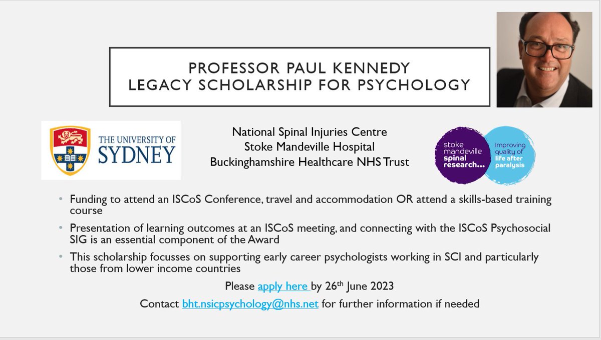 Dr Jane Duff (@duffjs) on Twitter photo This award is open to anyone working in #spinalcordinjury with a first degree in psychology and provides a fabulous opportunity to grow your skills and network with others, closing date is 26th June, we'd love to hear from you <a href="/NSICStokeMand/">The National Spinal Injuries Centre</a> <a href="/BucksHealthcare/">Buckinghamshire Healthcare NHS Trust</a> <a href="/lifeafterpara/">Stoke Mandeville Spinal Research</a> This award is open to anyone working in #spinalcordinjury with a first degree in psychology and provides a fabulous opportunity to grow your skills and network with others, closing date is 26th June, we'd love to hear from you <a href="/NSICStokeMand/">The National Spinal Injuries Centre</a> <a href="/BucksHealthcare/">Buckinghamshire Healthcare NHS Trust</a> <a href="/lifeafterpara/">Stoke Mandeville Spinal Research</a>