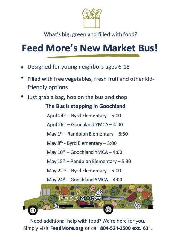 glndschools's tweet photo. Feed More's Market Bus is making its first stop on Monday, April 24th! The Market Bus will have fresh fruits, vegetables, and other food items available for free to children ages 6-18. Children must be accompanied by an adult. See the flyer for more info. https://t.co/M7x5qz2OBi
