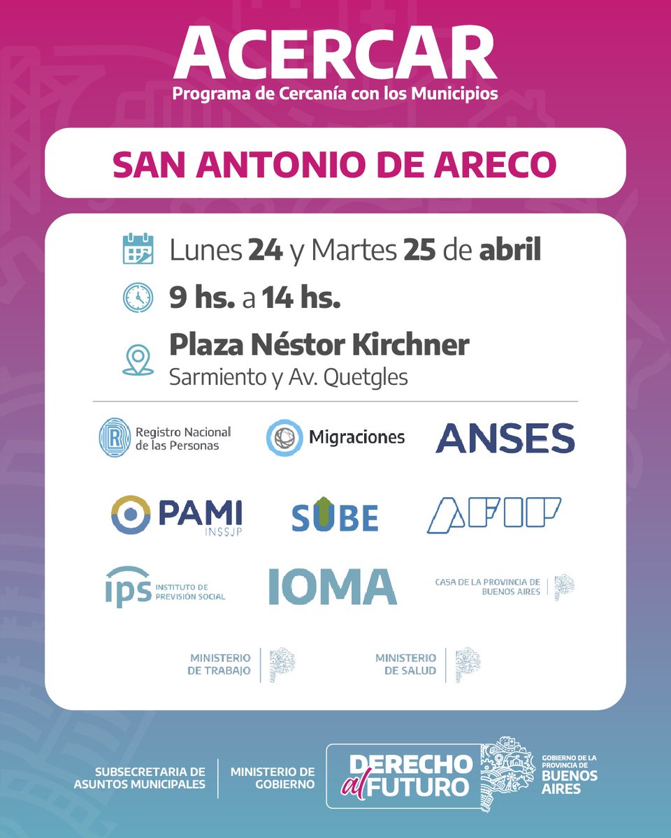 UnionxAreco's tweet photo. 📍𝗢𝗽𝗲𝗿𝗮𝘁𝗶𝘃𝗼 𝗔𝗰𝗲𝗿𝗰𝗮𝗿 𝗲𝗻 𝗻𝘂𝗲𝘀𝘁𝗿𝗮 𝗰𝗶𝘂𝗱𝗮𝗱: 2 jornadas en San Antonio de Areco para facilitar a nuestros vecinos y vecinas, la tramitación de servicios y beneficios otorgados por diferentes organismos del Estado.
#CercaTuyo ❤️ https://t.co/mFcg9YFFlG