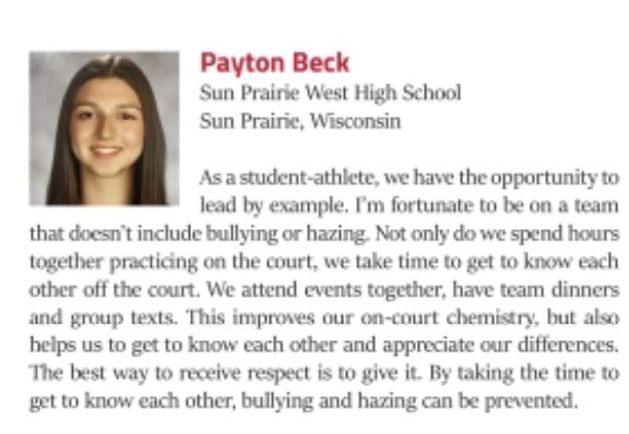 SPWWolves's tweet photo. Our student-athlete @Payton_Beck22 shares great insight on preventing bullying, hazing, & inappropriate behavior in the @NFHS_Org April Issue! #GoWolves @spwwgbb https://t.co/MpvQ9Pkfjl