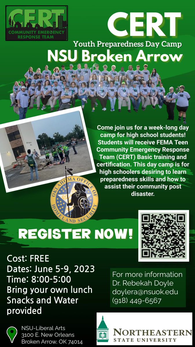 OklahomaOHS's tweet photo. Come join us for a week-long day camp for high school students! This day camp is for high schoolers desiring to learn preparedness skills and how to assist their community post disaster. 
REGISTER NOW!
https://t.co/21FO6M6B47 https://t.co/9FHryhV145