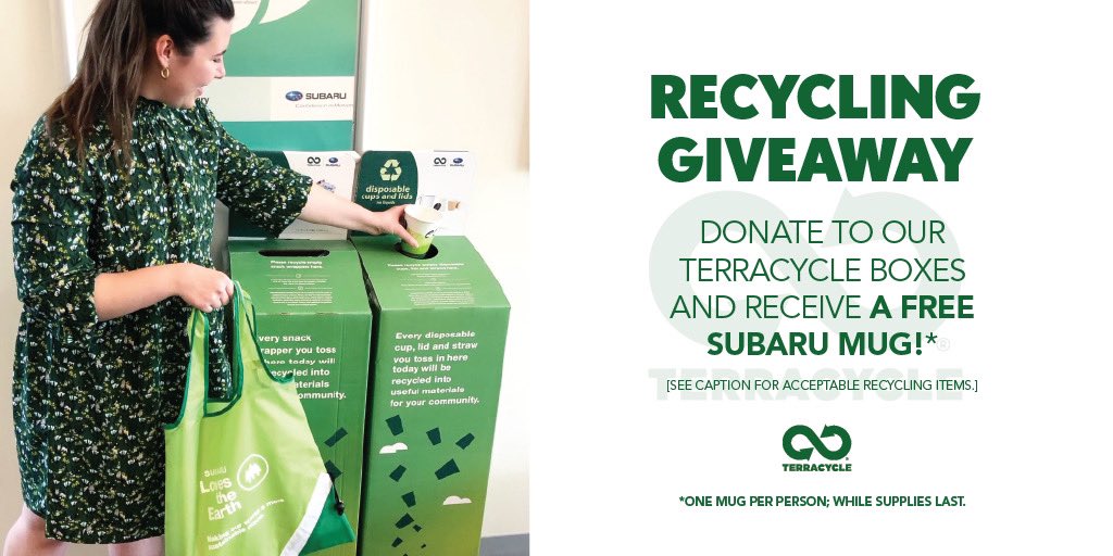 Time for a recycling GIVEAWAY! Bring in items to recycle during the month of April and you’ll receive a Subaru mug. #Subarulovestheearth

Items include
🌳 Disposable cups, lids, straws
🌳 Coffee capsules
🌳 Snack wrappers
🌳 Cabin air filters, plastic film, and disposable masks