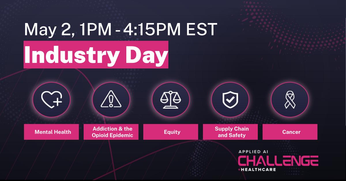 GSACoE's tweet photo. Last month we asked industry to bring us their best #AISolutions to improve American healthcare outcomes. Today we invite the federal community to hear from the #AppliedAIChallenge for Healthcare finalists!! Join us for Industry Day on May 2: https://t.co/KS8gAI8wmg https://t.co/T3ZHQeRmPR