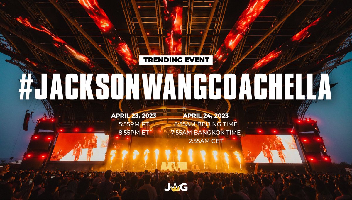 [EVENT] 

Jackson will be performing at the Sahara stage Sunday 6:10 - 7:00PM PT for <a href="/coachella/">Coachella</a> Weekend 2!🏜️

Use the #️⃣ below to trend for Jackchella!

#JacksonWangCoachella

At:
5:55PM PT (4/23)
8:55PM ET (4/23)
7:55AM Bangkok time (4/24)
8:55AM Beijing time (4/24)
2:55AM CET