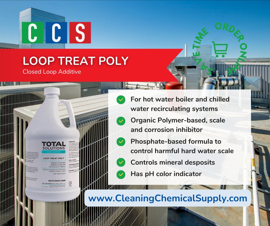 cleaningchem's tweet photo. Treat your chilled water recirculating systems and hot water boiler with Loop Treat Poly closed loop additive, Polymer-based scale and corrosion inhibitor. Phosphate-based so effective in capturing and controlling harmful hard water scale. Order today! #hvac #closedloop #additive https://t.co/WNxiif1LGE