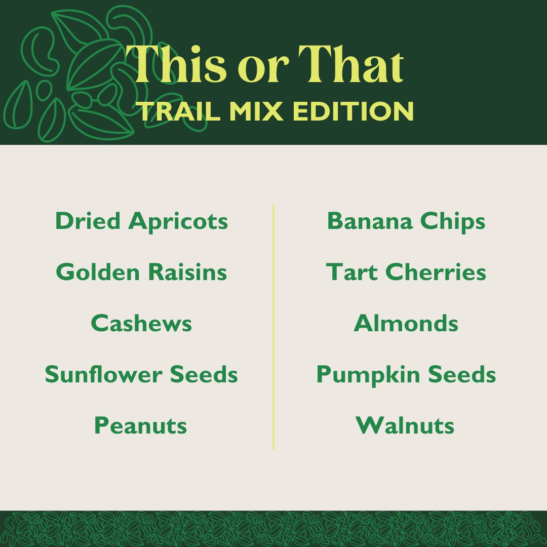 TheCoopInBham's tweet photo. Co-op members! Have you used your bulk sale discount yet?
It's the perfect time to stock up on trail mix staples! Use our "This or That" chart to make your own mix.
#WhatcomCounty #TrailMix #ThisOrThat #ShopLowWaste #ShopZeroWaste #PlasticFree https://t.co/K9PNF0RlXW